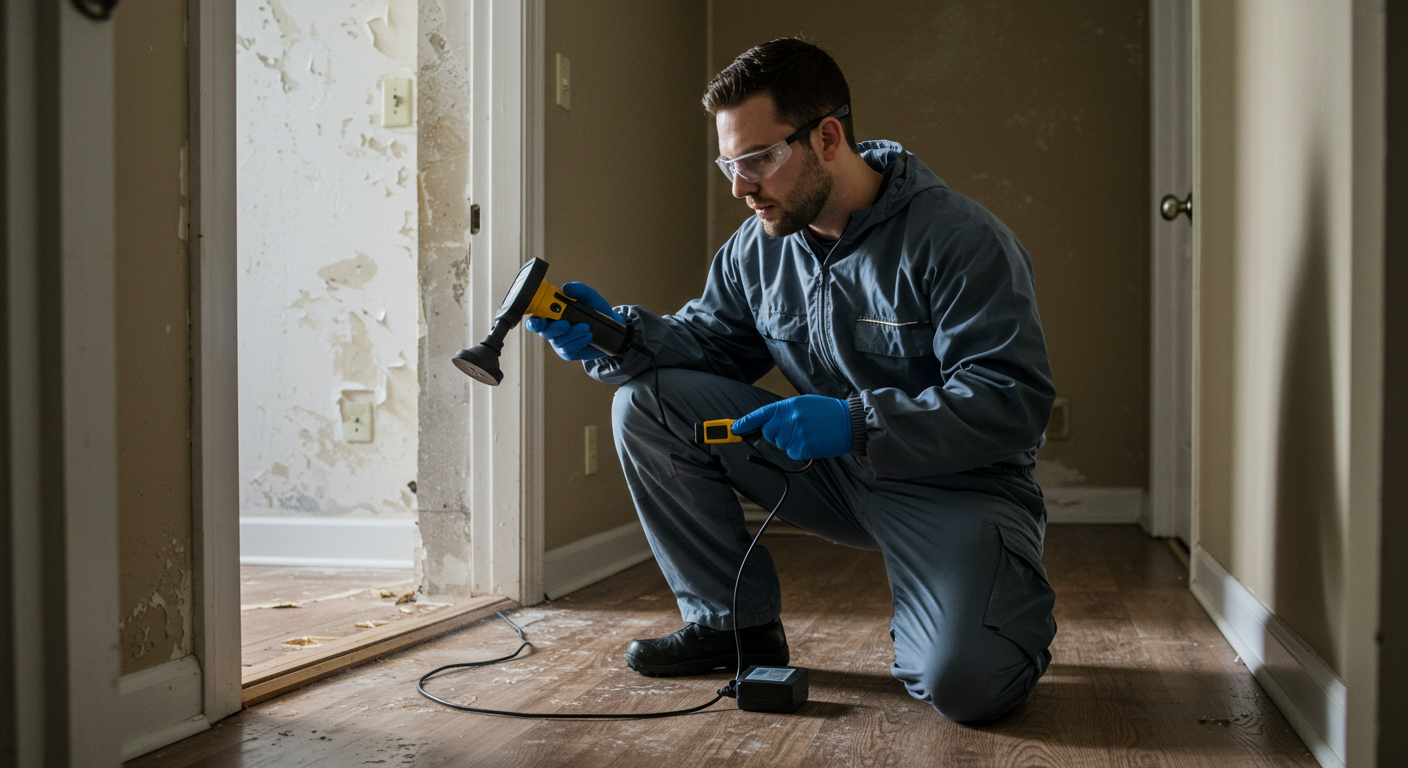A professional restoration technician assessing water damage in a home. The technician is examining the affected areas with moisture detection equipment, highlighting the importance of professional assistance.