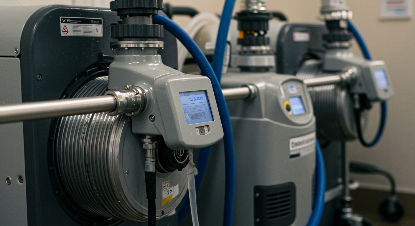 A close-up shot of high-tech water extraction equipment and drying machines set up in a home. The focus is on the machinery, emphasizing the advanced technology used in water damage restoration.