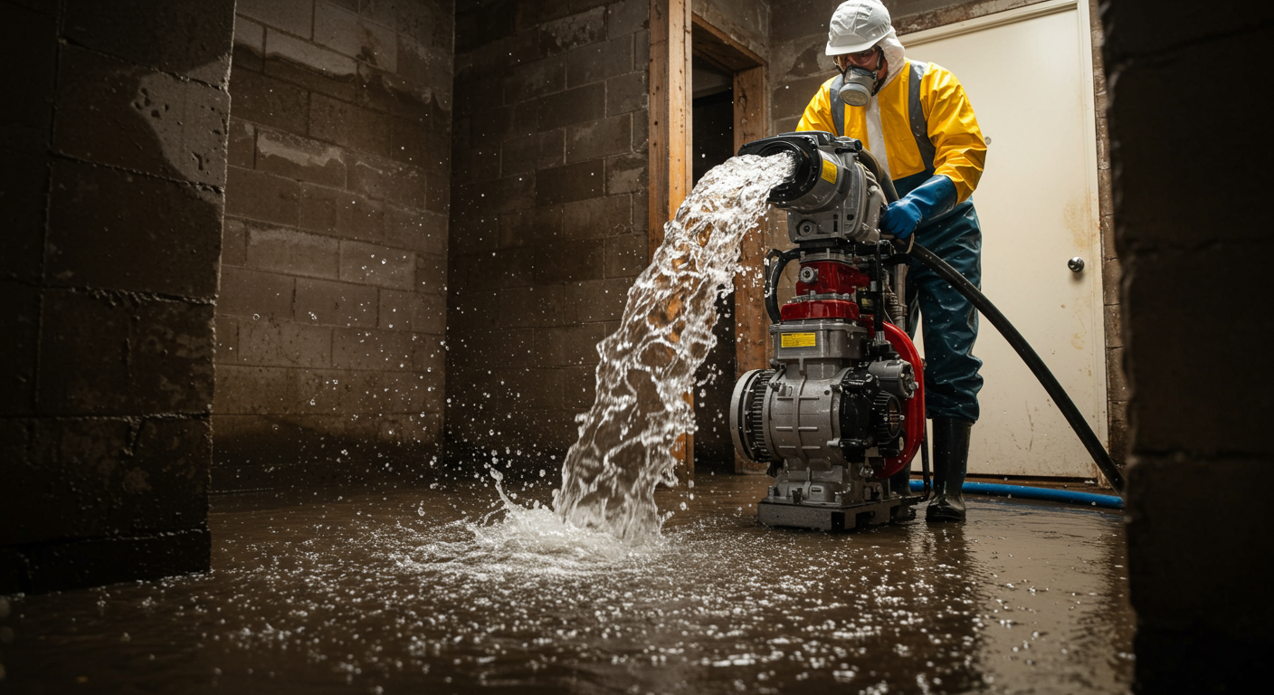 A professional water remediation technician in protective gear actively extracting water from a flooded basement using a powerful pump.