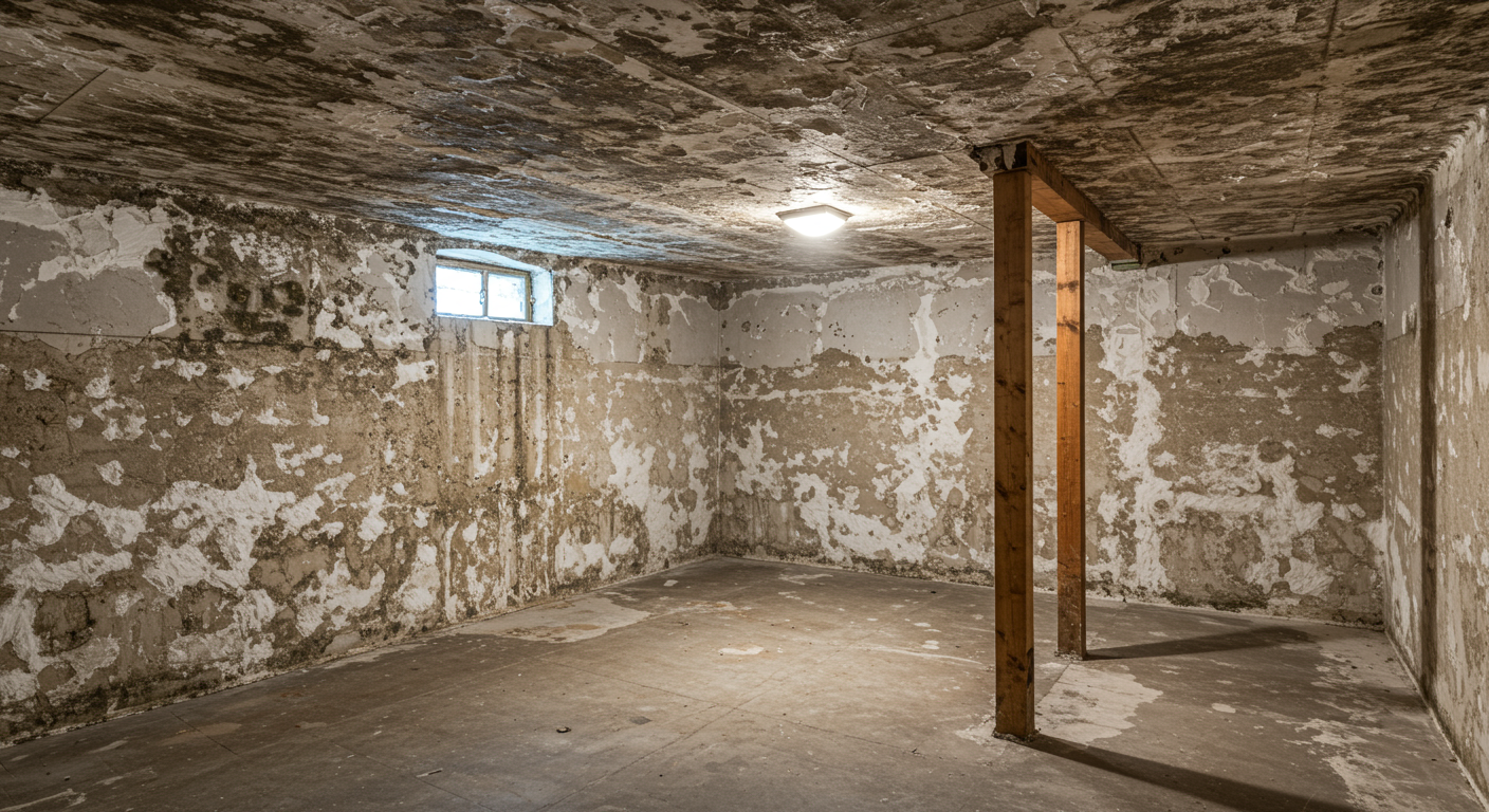 A wide-angle view of a basement or bathroom with visible white mold on the walls and ceiling. The image captures the environment, emphasizing the common areas where mold thrives in homes.