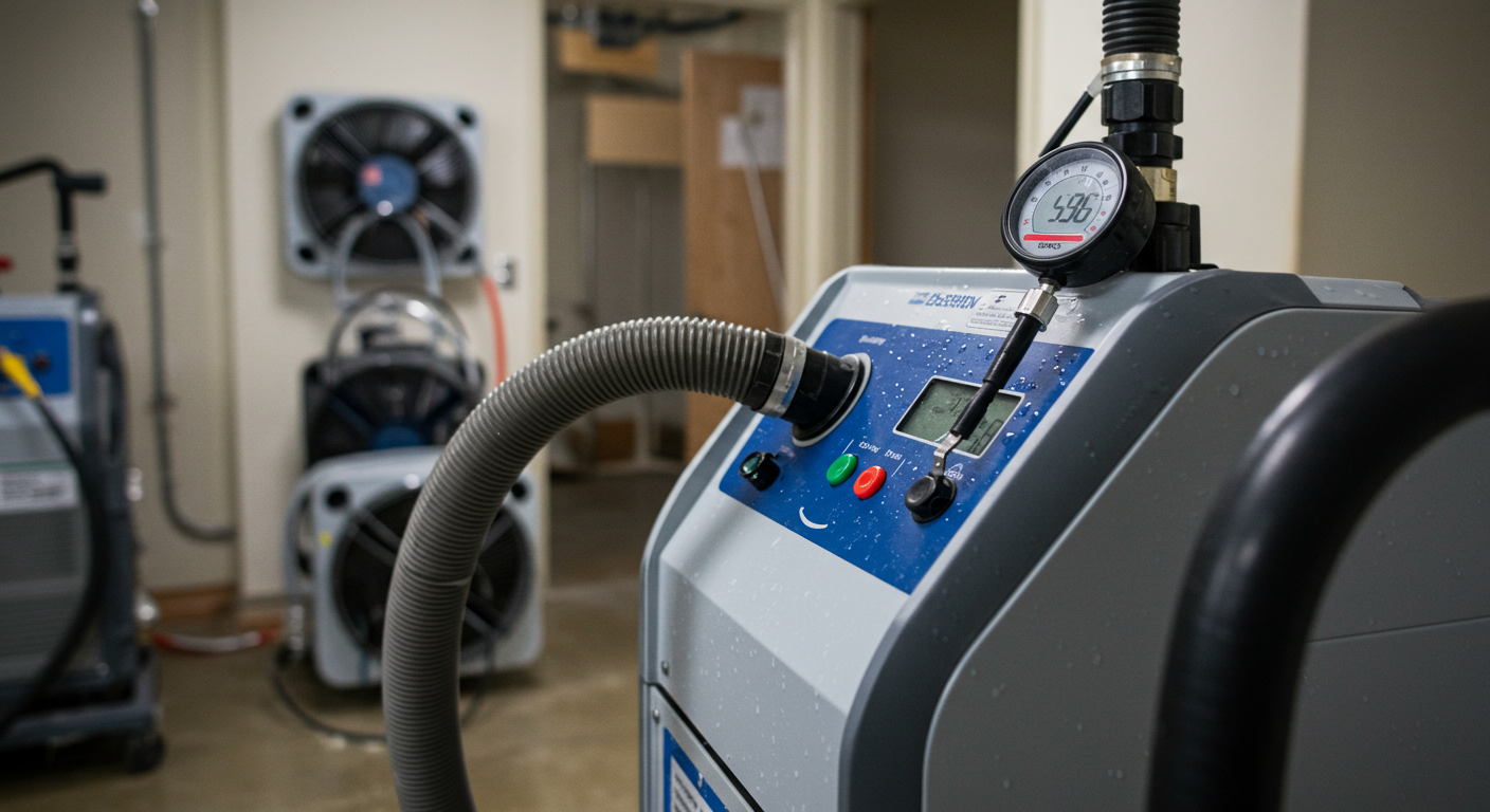 Close-up of high-tech water mitigation equipment in use, such as industrial dehumidifiers and water extractors. The background shows a partially restored room with drying fans and moisture meters.