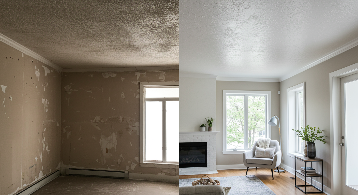 A split-screen image showing a room with a dated popcorn ceiling on one side and a modern, smooth ceiling finish on the other. The room is well-lit, with minimal furniture to emphasize the ceiling transformation.
