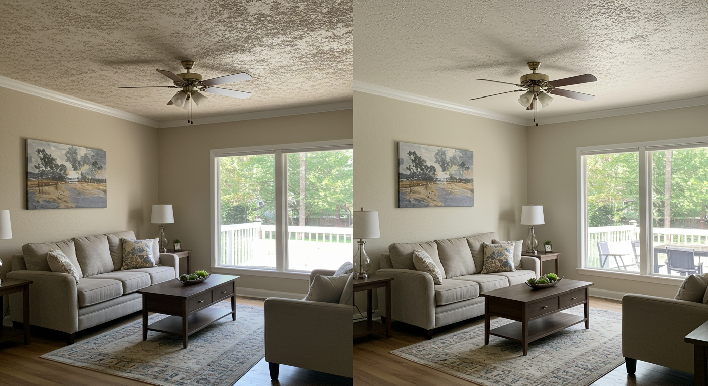 A split-screen image showing a room in Dunwoody, GA, with one side featuring a dated popcorn ceiling and the other side showcasing a smooth, modern ceiling finish. The room is well-lit, with furniture and decor that highlight the transformation.