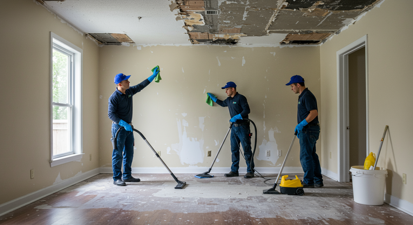 A professional team conducting the final cleanup after popcorn ceiling removal. The image shows workers vacuuming and wiping down surfaces, ensuring a spotless finish.