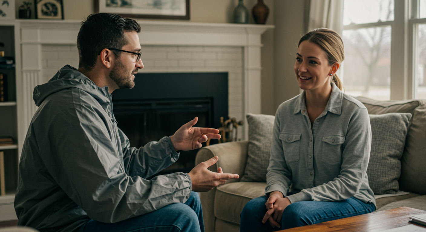 A professional water mitigation expert discussing the restoration plan with a homeowner.