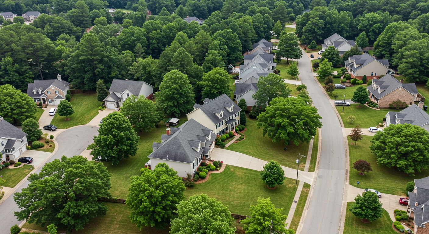 An aerial view of a suburban neighborhood in Dunwoody, GA, with a focus on well-maintained homes surrounded by greenery. The image subtly conveys the importance of mold testing for maintaining property value and health in the local area.