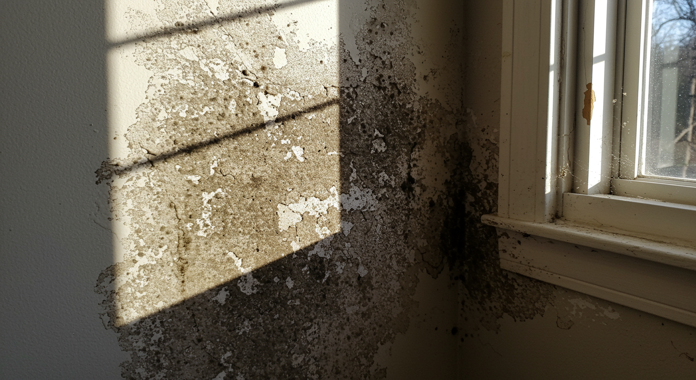 A detailed shot of a mold-affected area in a residential home in Dunwoody, GA. The image highlights black mold growth on a wall near a window, with sunlight streaming in to contrast the damage.
