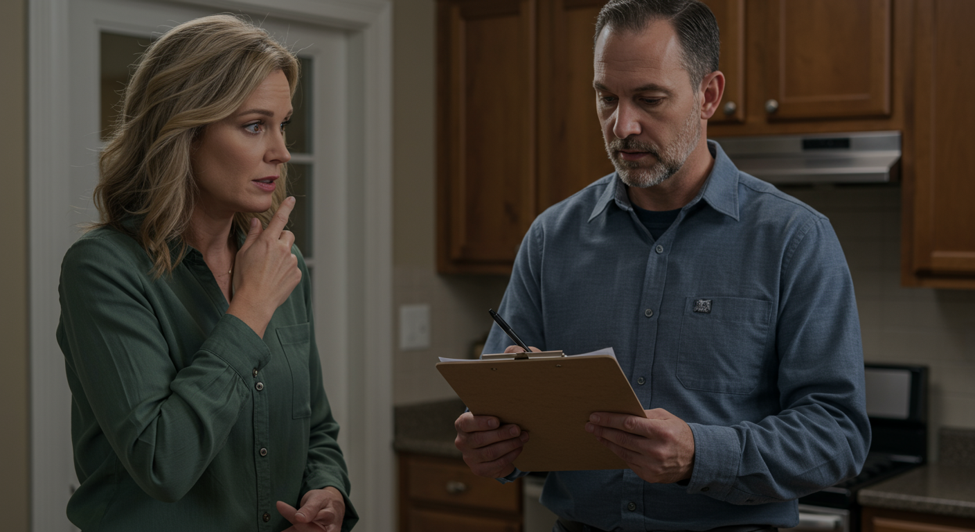 A homeowner in Alpharetta discussing mold test results with a professional inspector. The inspector is holding a clipboard with visible charts and graphs, while the homeowner looks concerned but engaged. The setting is a cozy kitchen.