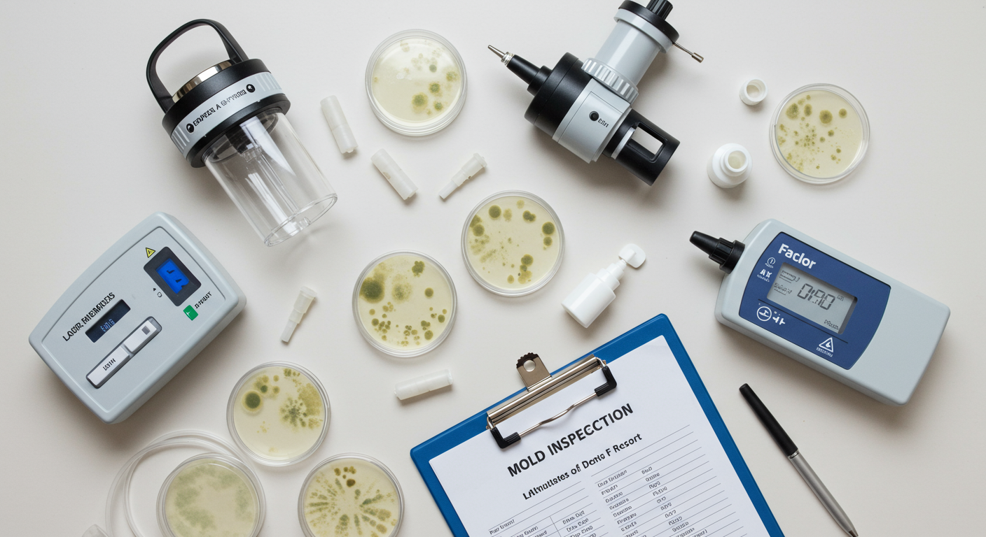 A flat lay of professional mold testing equipment, including air sampling pumps, petri dishes with mold samples, and a clipboard with a mold inspection report.
