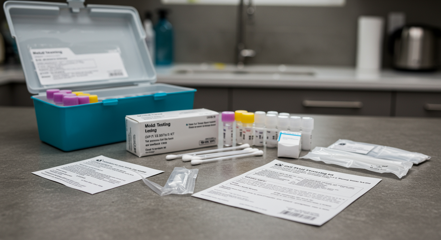 A high-resolution image of a mold testing kit placed on a kitchen counter, with test tubes, swabs, and instructions visible. The background shows a clean but slightly damp kitchen environment.