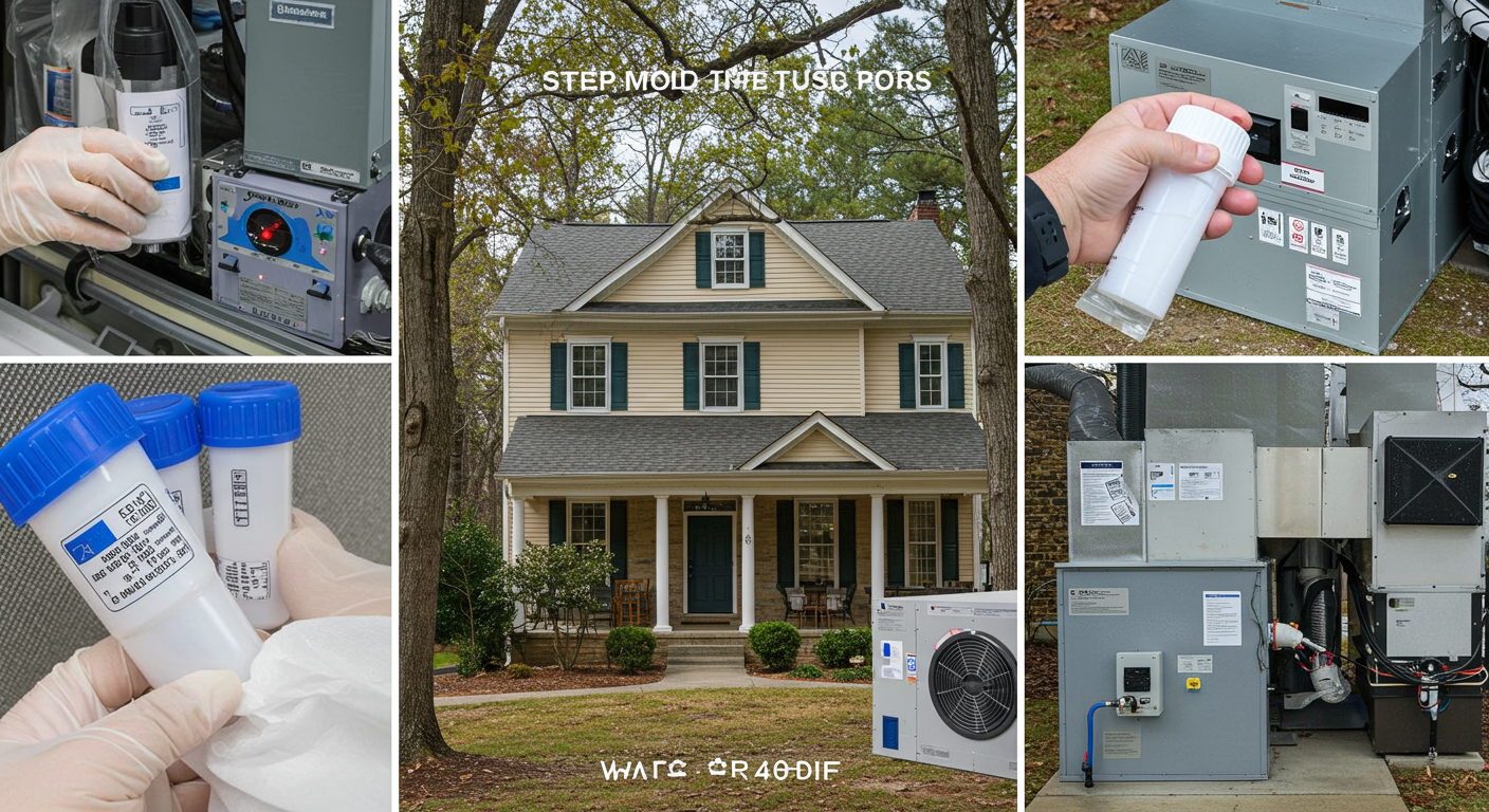 A step-by-step depiction of the mold testing process, featuring a professional collecting air samples, inspecting HVAC systems, and sealing samples for lab analysis. The background shows a typical suburban home in Dunwoody, GA.