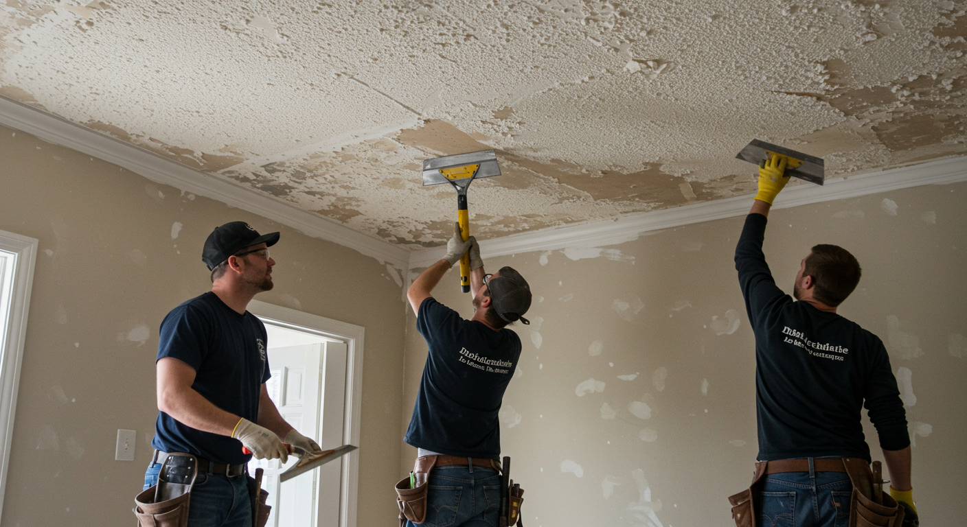 A team of professional contractors in Johns Creek, GA, collaborating to remove popcorn texture from a ceiling. The image shows teamwork, with one person scraping and another preparing the surface.