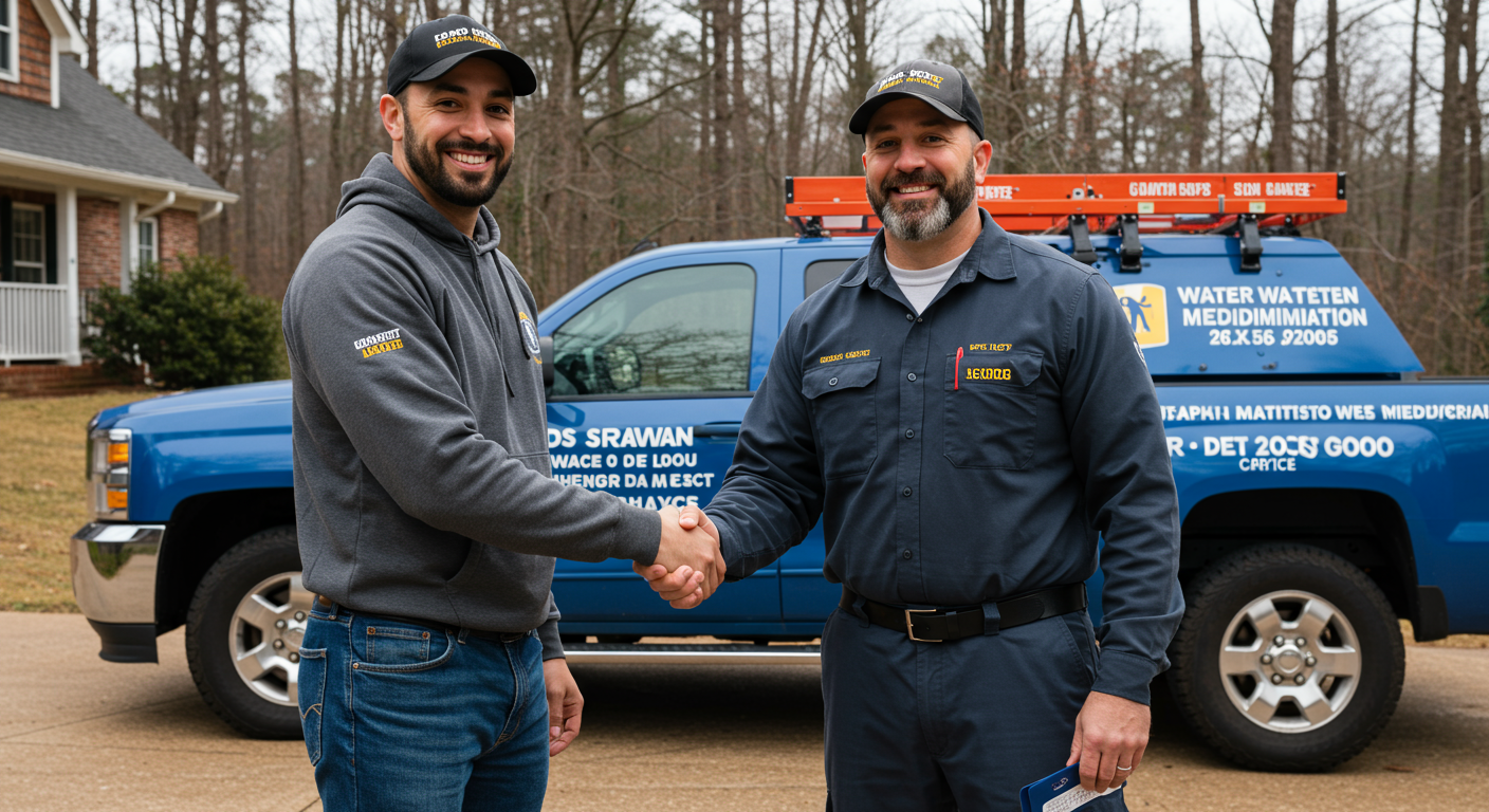 A friendly water mitigation professional shaking hands with a homeowner in front of a house in Roswell, GA. The background includes a branded truck and tools, symbolizing trust and local expertise.