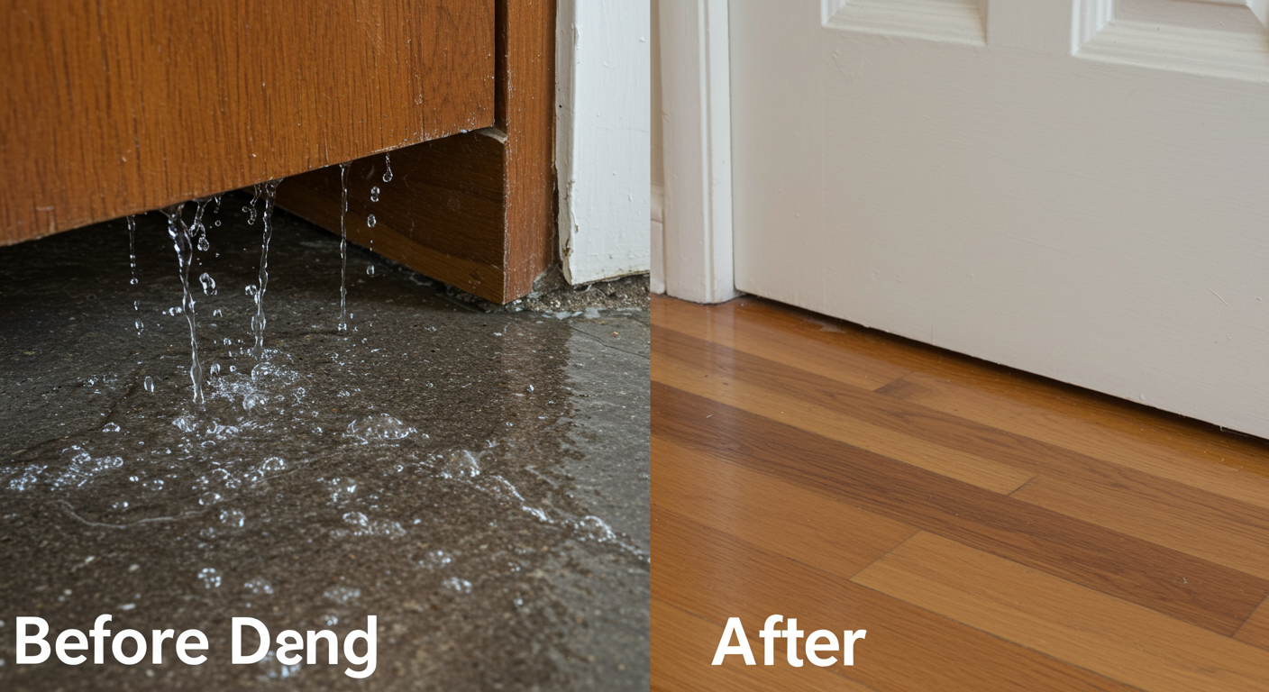 A close-up of water seeping under a door with a 'Before and After' visual of the same area fully restored. The restored side highlights a clean, dry, and polished floor with no signs of water damage.