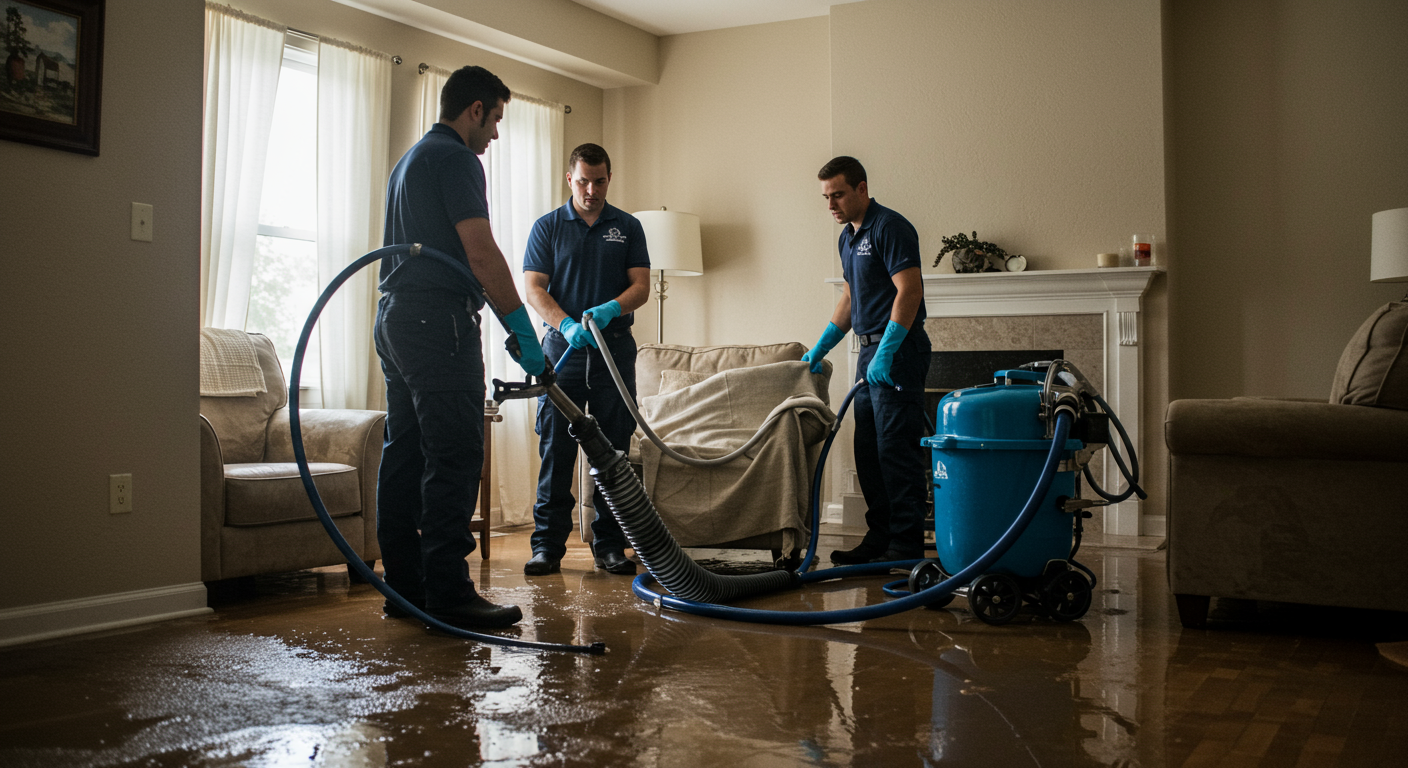 A team of restoration professionals using water extraction equipment in a flooded living room. Water is visibly pooling on the floor, and furniture is being moved to safety.