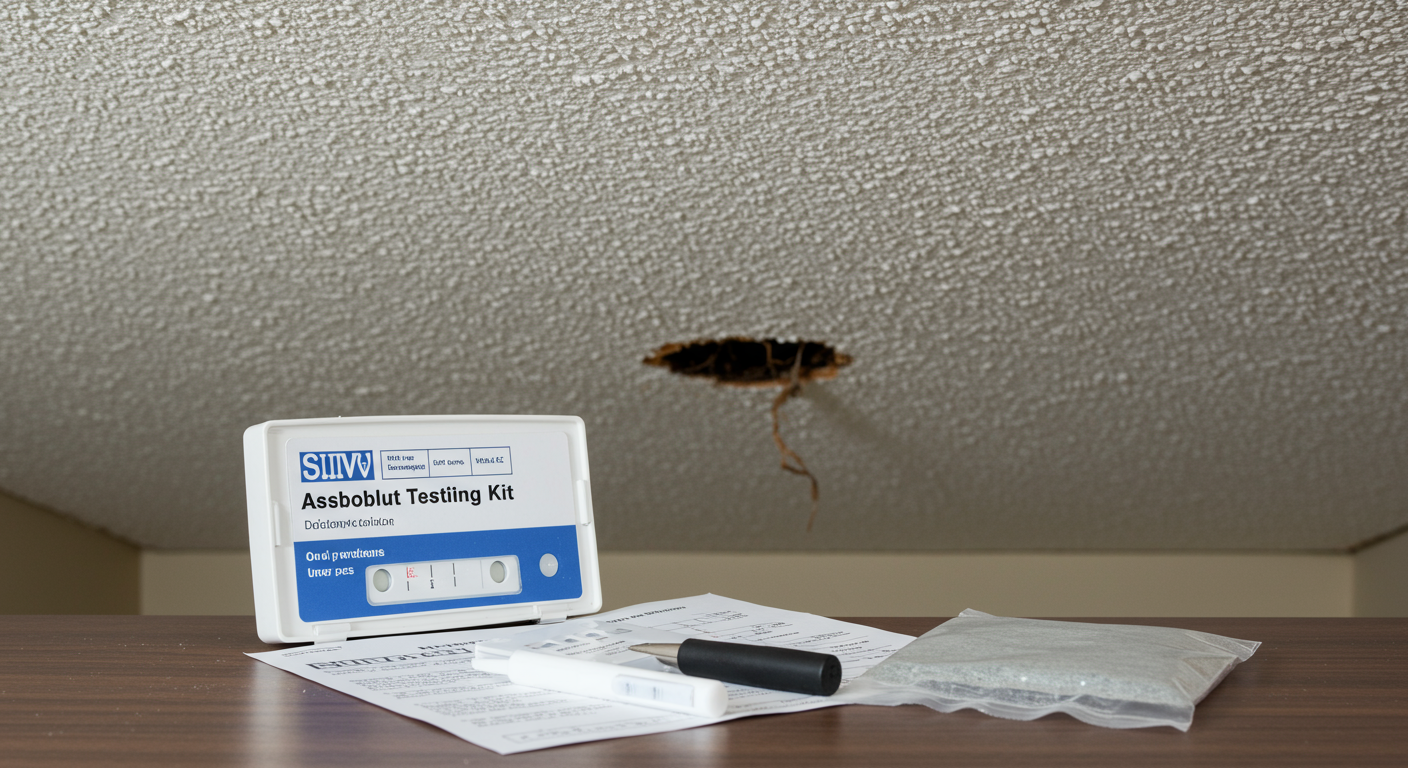 An asbestos testing kit displayed on a table, with a popcorn ceiling in the background, emphasizing the importance of testing.