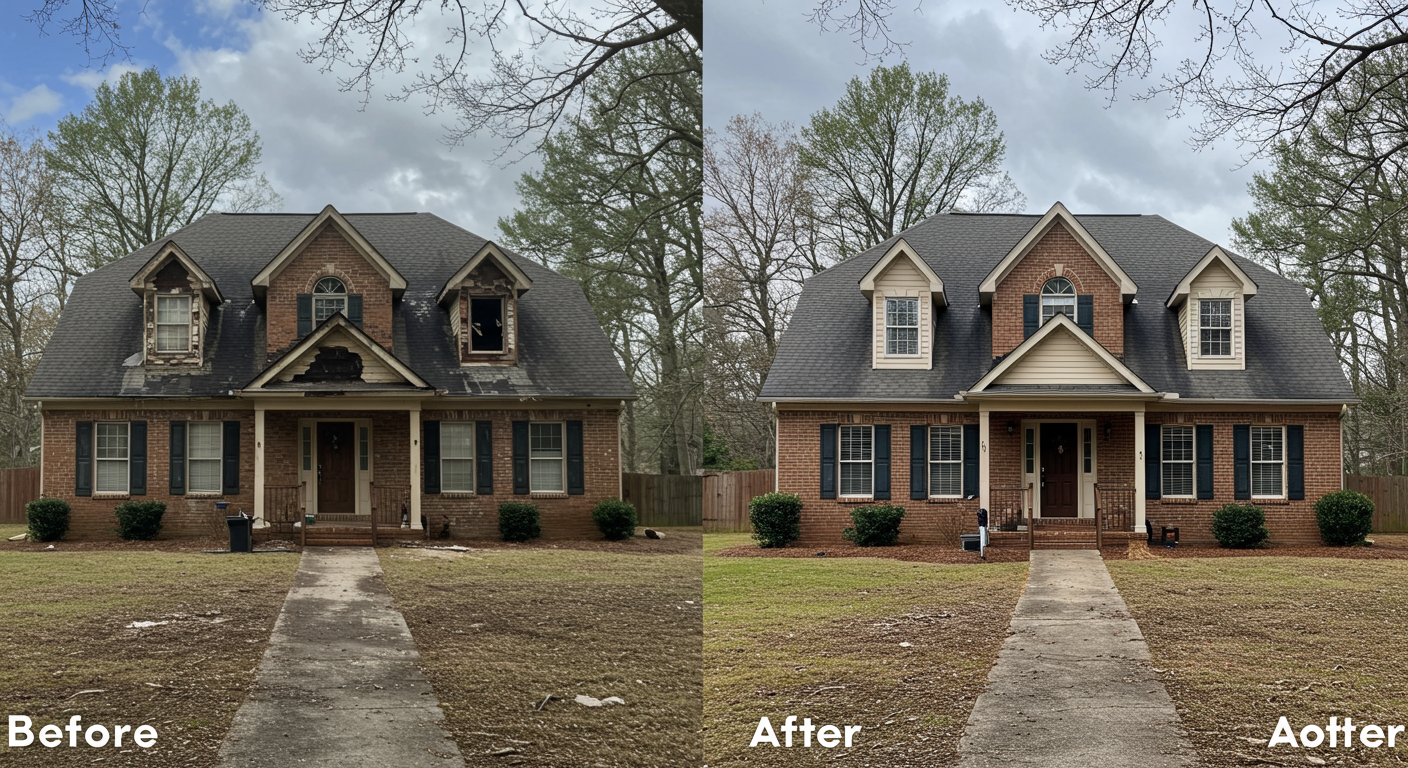 A before-and-after comparison of a home in Brookhaven, GA, that has undergone water damage restoration. The left side shows the damage, while the right side showcases the restored home.
