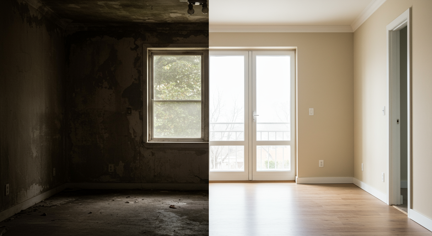 A split image showing a room before and after mold removal. The left side is dark and moldy, while the right side is bright and clean, illustrating the effectiveness of mold removal services.