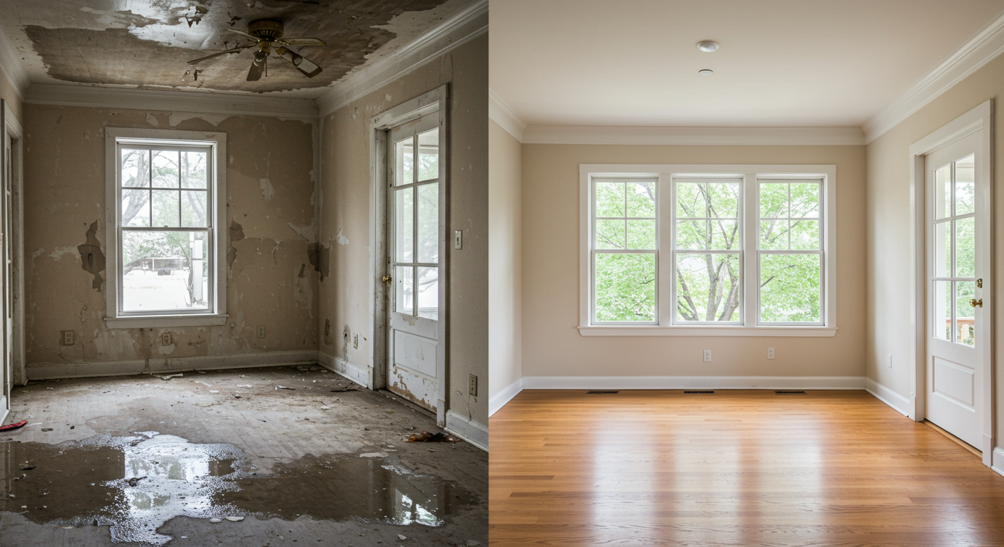 A split image showing a room before and after restoration. The left side depicts water damage, while the right side shows a beautifully restored space, highlighting the transformation.