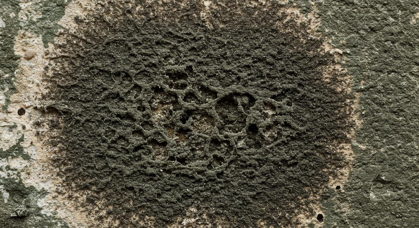 A close-up view of black mold growing on a damp wall, showcasing its texture and color.