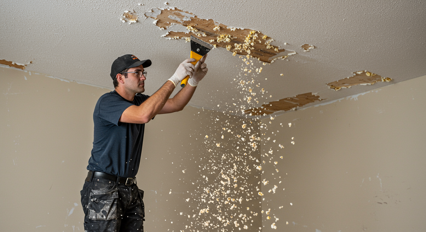 A professional contractor carefully removing popcorn ceiling texture from a living room, showcasing the process in action. The focus is on the contractor using a scraper tool, with popcorn debris falling to the floor.