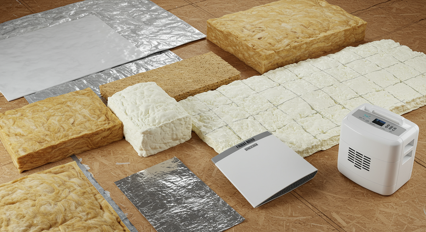 A detailed view of various encapsulation materials laid out, including vapor barriers, insulation, and a dehumidifier, showcasing their textures and features.