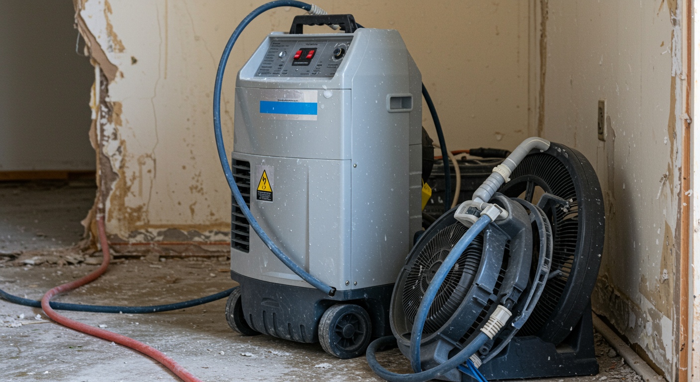 A close-up of a dehumidifier and air movers in a water-damaged area, emphasizing the equipment used in the drying process.