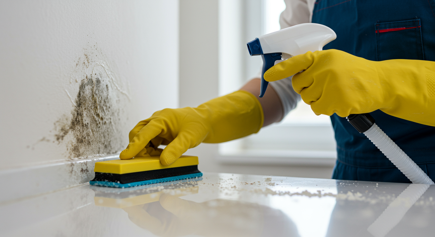 A technician using eco-friendly cleaning solutions and tools to remove mold from a surface. The setting is bright and clean, emphasizing the use of safe, non-toxic methods.