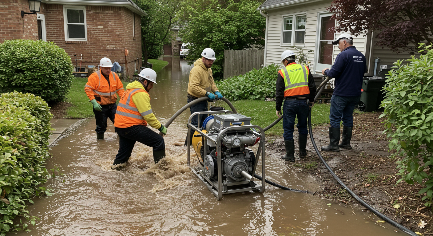 A team of professionals in safety gear actively working to extract water from a flooded residential area.
