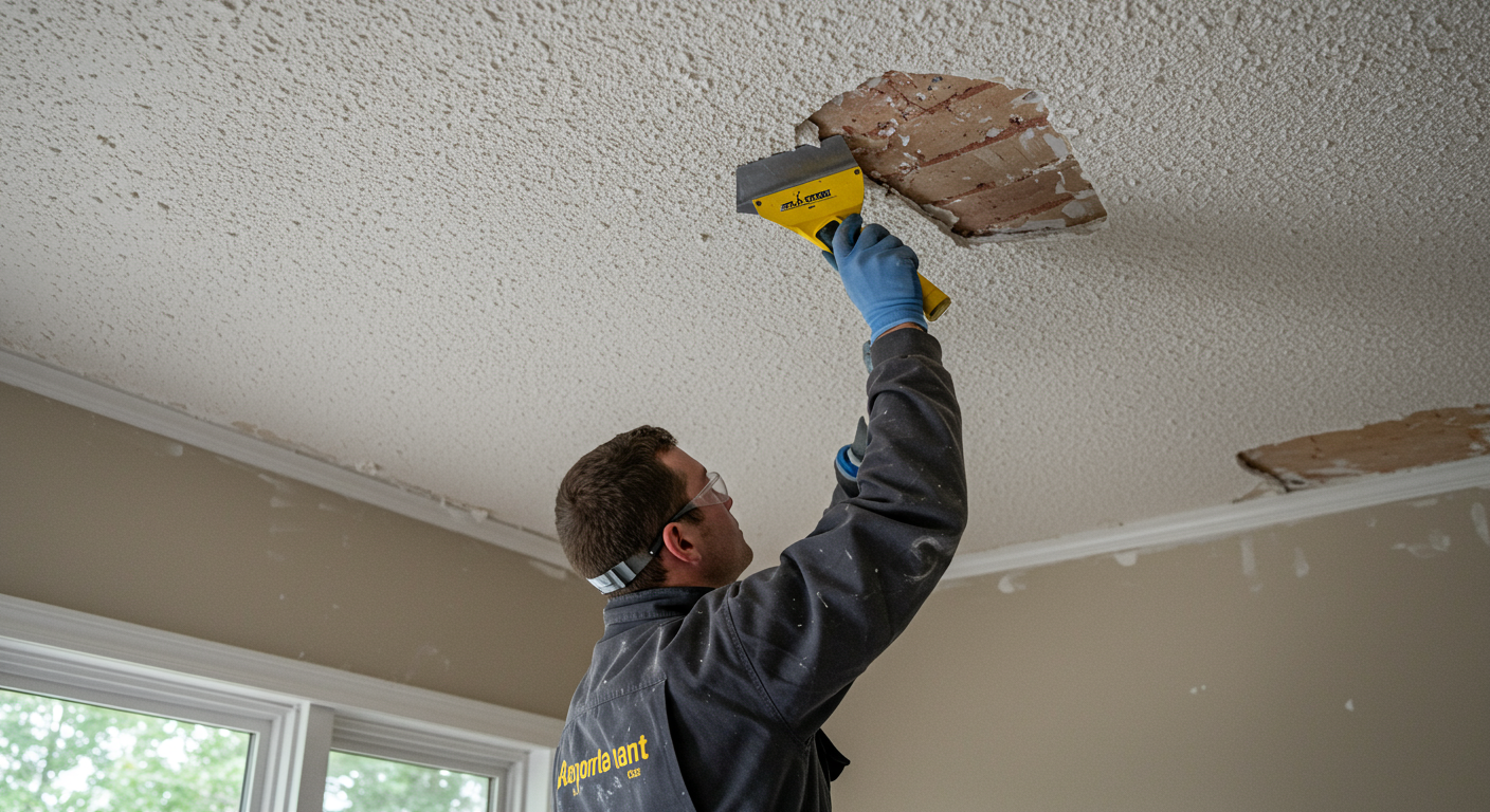 A professional contractor in safety gear carefully scraping off a popcorn ceiling in a well-lit living room.
