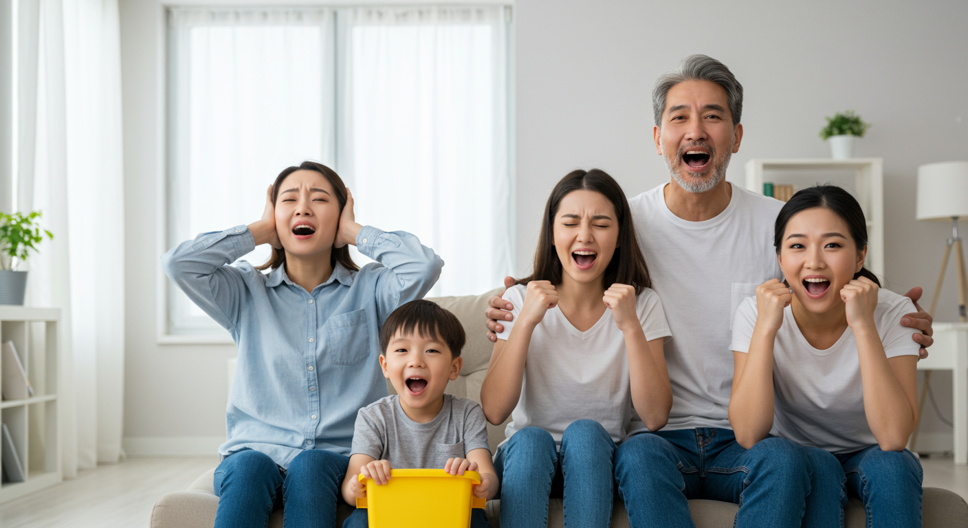 A family in a well-lit living room, looking relieved and happy after a successful mold removal process. The room is bright and clean, symbolizing a safe and healthy home environment.