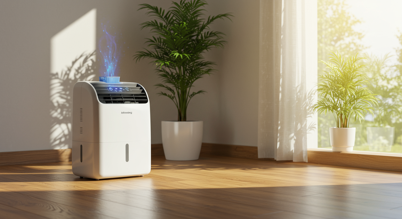 A well-ventilated room with a dehumidifier running, plants in the background, and sunlight streaming through a window. This image represents a healthy living environment that prevents mold growth.