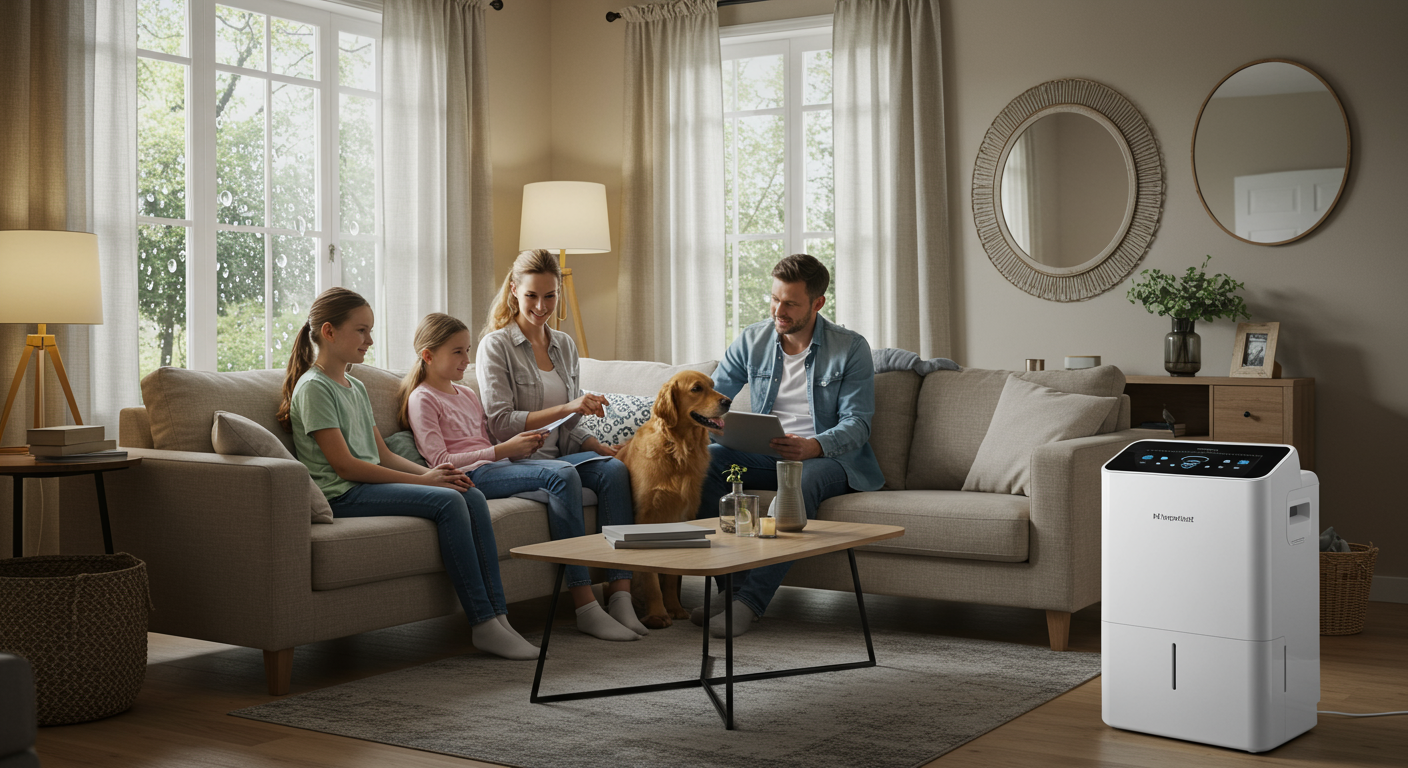 A family in a living room, using a dehumidifier, with visible moisture on windows, illustrating the importance of moisture control.