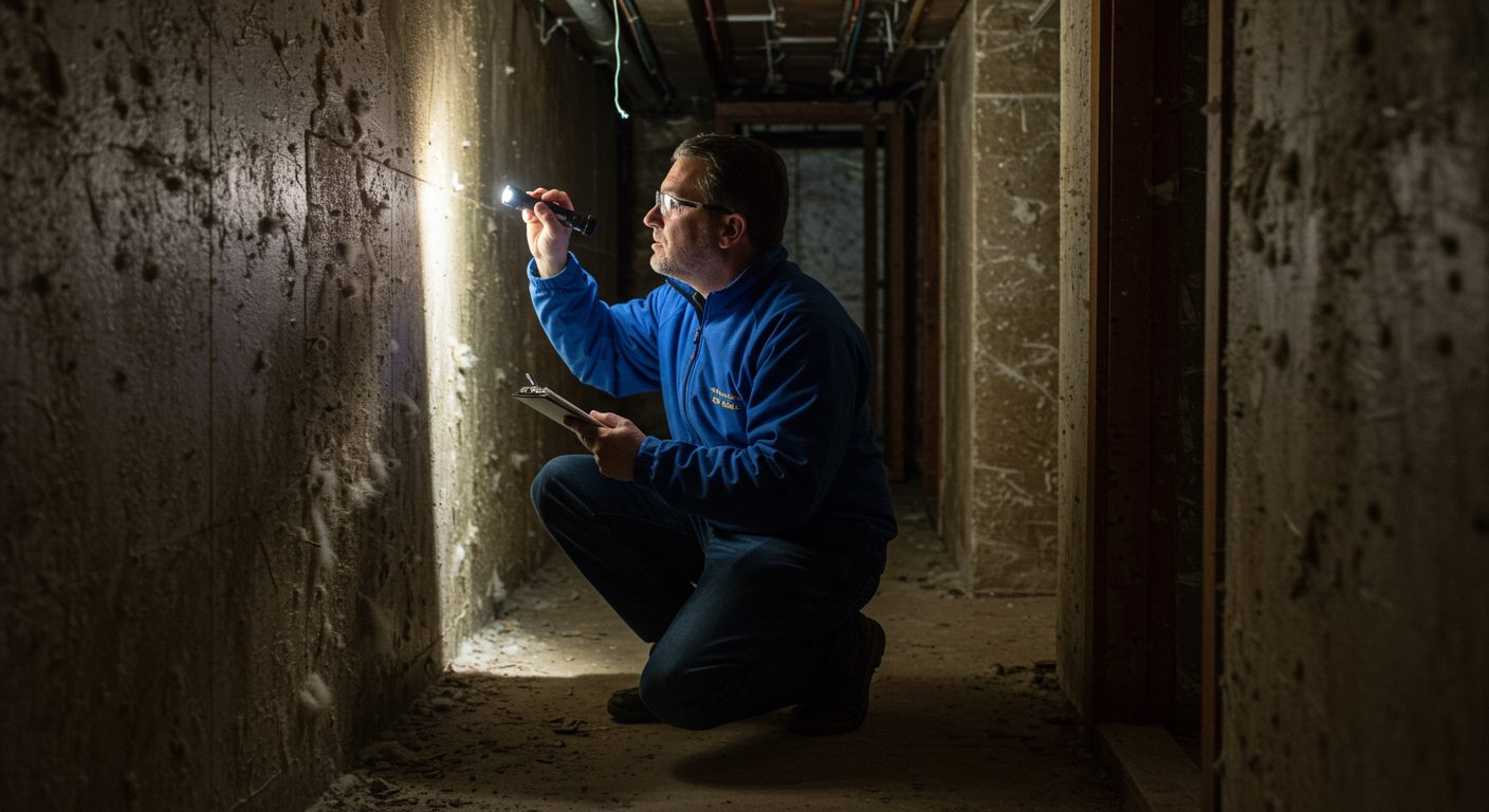 A professional mold inspector examining the walls and floor of a dimly lit basement, using a flashlight and taking notes.