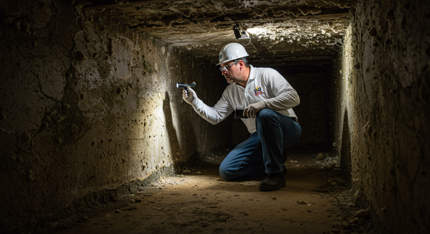 A professional mold inspector kneeling in a dimly lit crawl space, examining the walls and floor for signs of mold growth. The inspector is equipped with a flashlight and wearing protective gear.