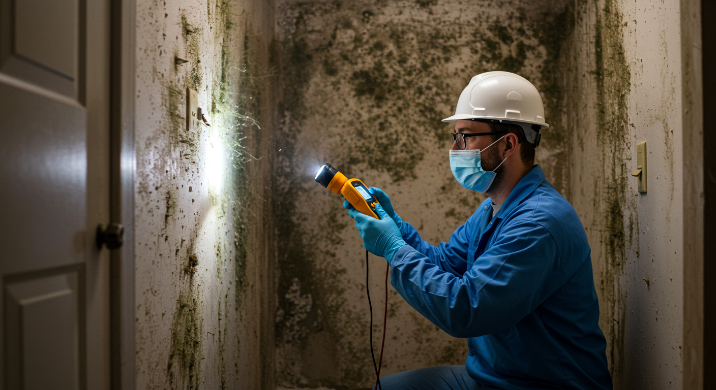 A professional mold inspector examining a home's interior using tools like a moisture meter and flashlight to identify mold growth