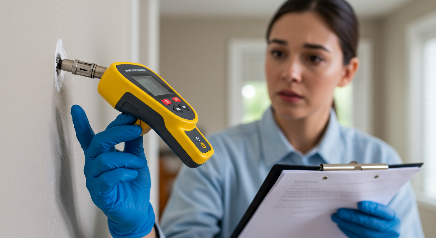 A close-up of a professional mold inspector examining a wall with a moisture meter, showcasing the inspection tools and the concerned homeowner observing.