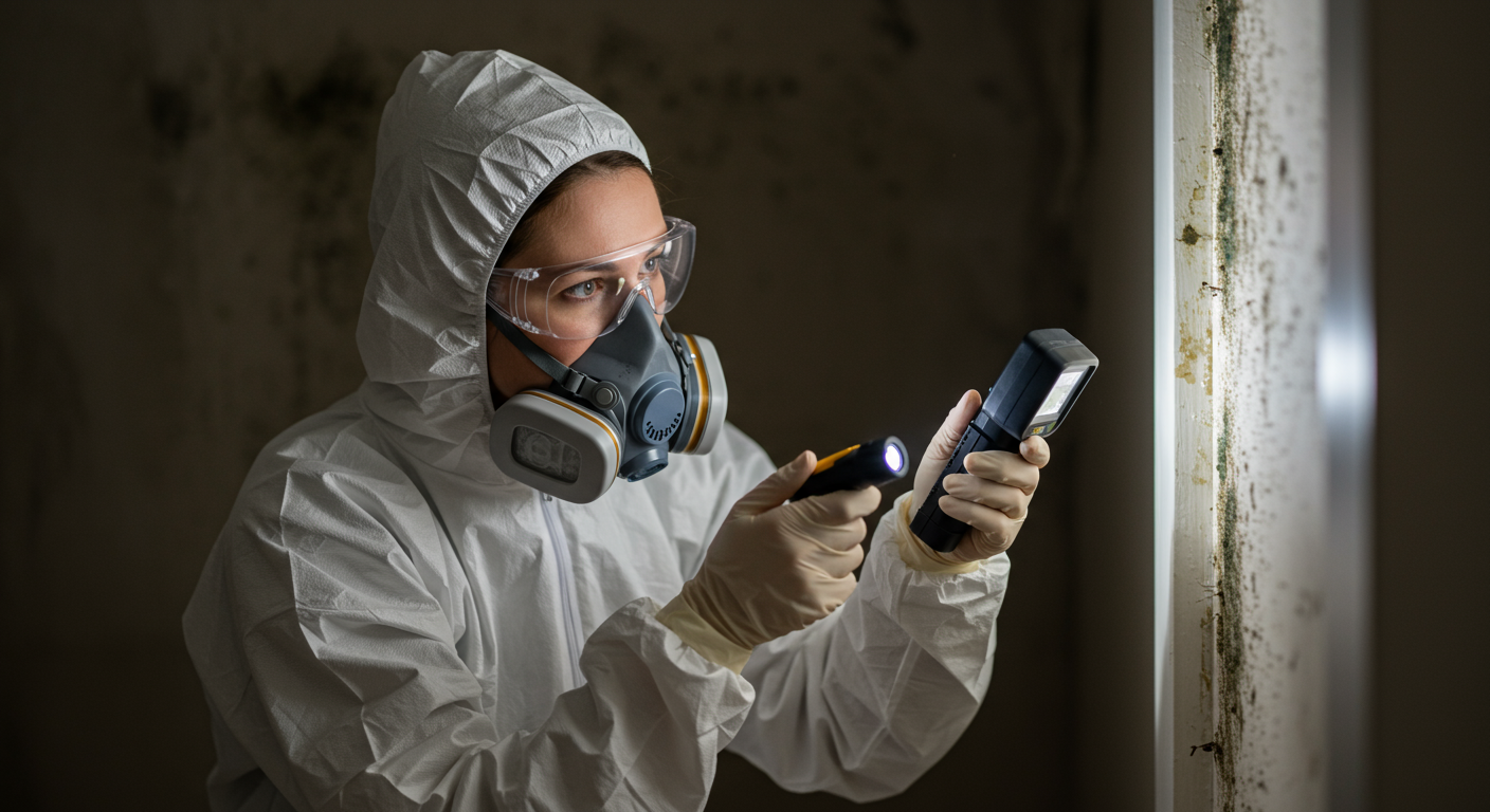 A professional mold inspector in protective gear examining a damp corner of a home with a flashlight and mold detection equipment.