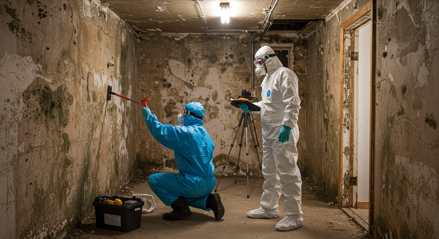A professional mold remediation team in protective gear inspecting a residential basement with visible mold growth on the walls.
