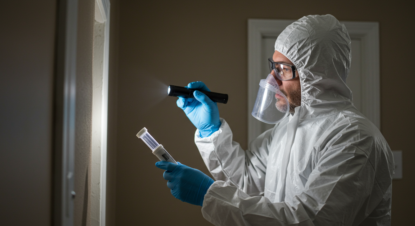A professional mold inspector examining a wall in a home with a flashlight and mold testing equipment.