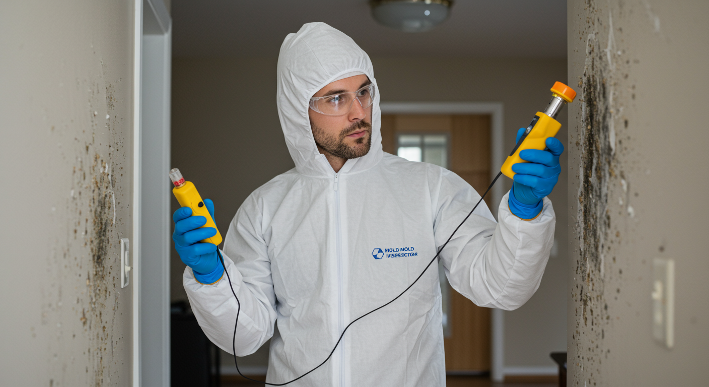 A professional mold inspector examining a wall with a moisture meter, looking for signs of mold.