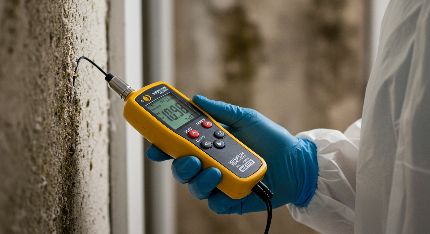 A close-up of a professional mold inspector using a moisture meter on a wall, with visible signs of mold in the background. The inspector is wearing protective gear, emphasizing safety during the testing process.