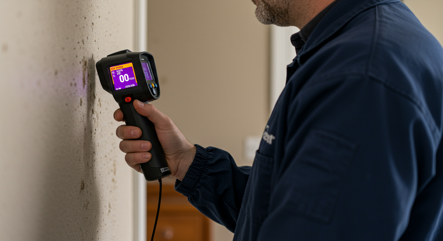 A professional mold inspector using advanced tools like a thermal imaging camera and moisture meter in a residential setting.