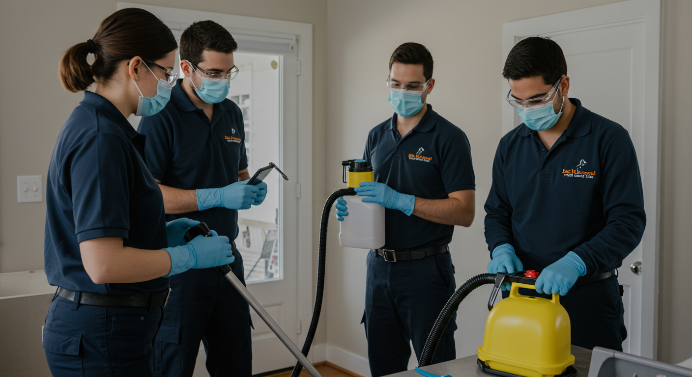 A team of mold remediation specialists working together in a home, using professional equipment to clean mold. The image captures teamwork and expertise, reinforcing trust in professional services.