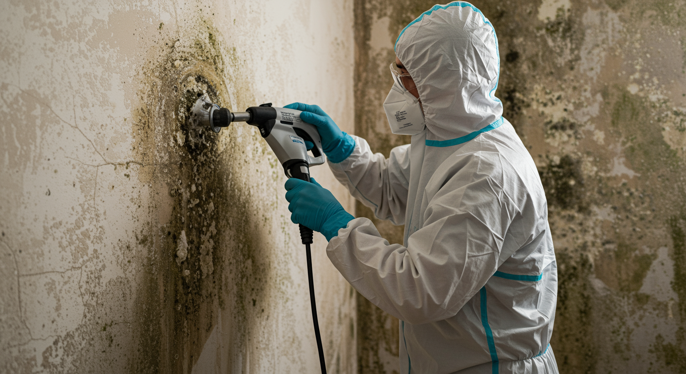 A technician in protective gear actively removing mold from a wall using specialized equipment. The focus is on the technician's actions, showcasing the seriousness of the mold removal process.