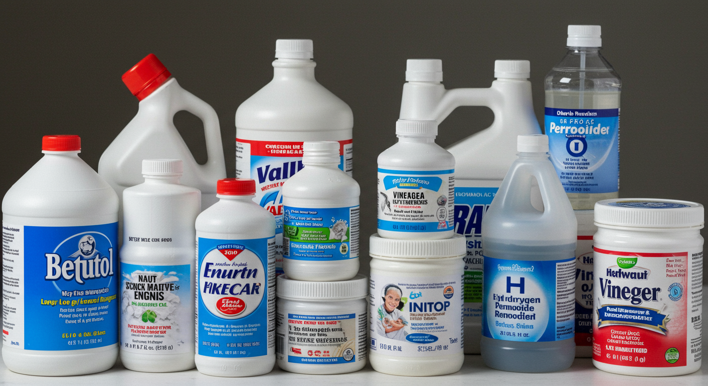 An aesthetically arranged display of popular mold removal products including bleach, vinegar, and hydrogen peroxide, with their containers clearly visible.