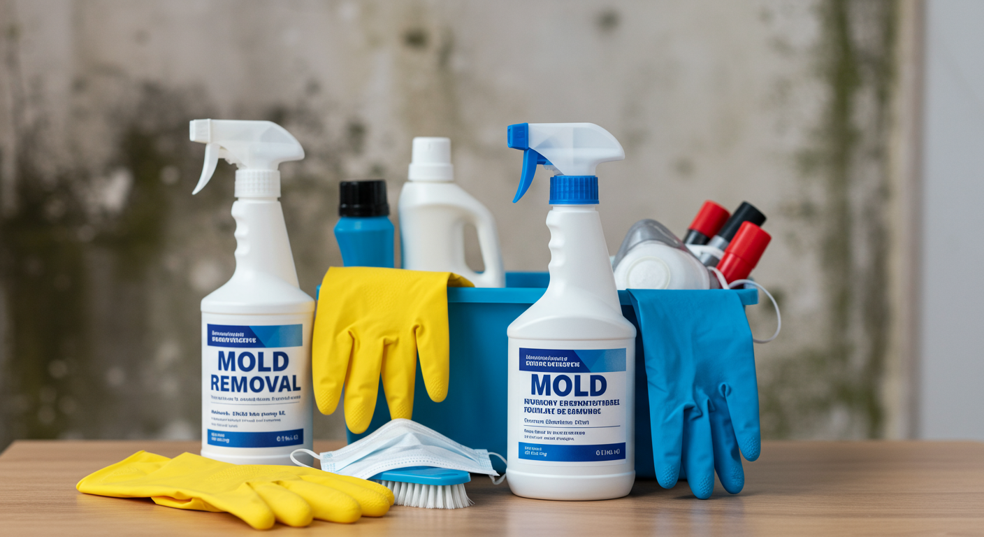 A well-organized workspace with cleaning supplies, including a spray bottle labeled for mold removal, gloves, and a mask on a table. The background shows a partially visible wall with mold, emphasizing the importance of safety measures.