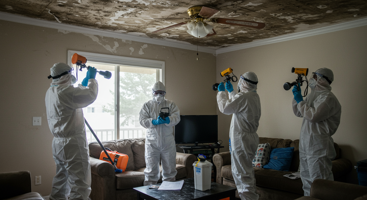 A team of professionals in protective gear actively removing mold from a home. The setting is a living room with visible mold on the ceiling, and the team is using specialized equipment.