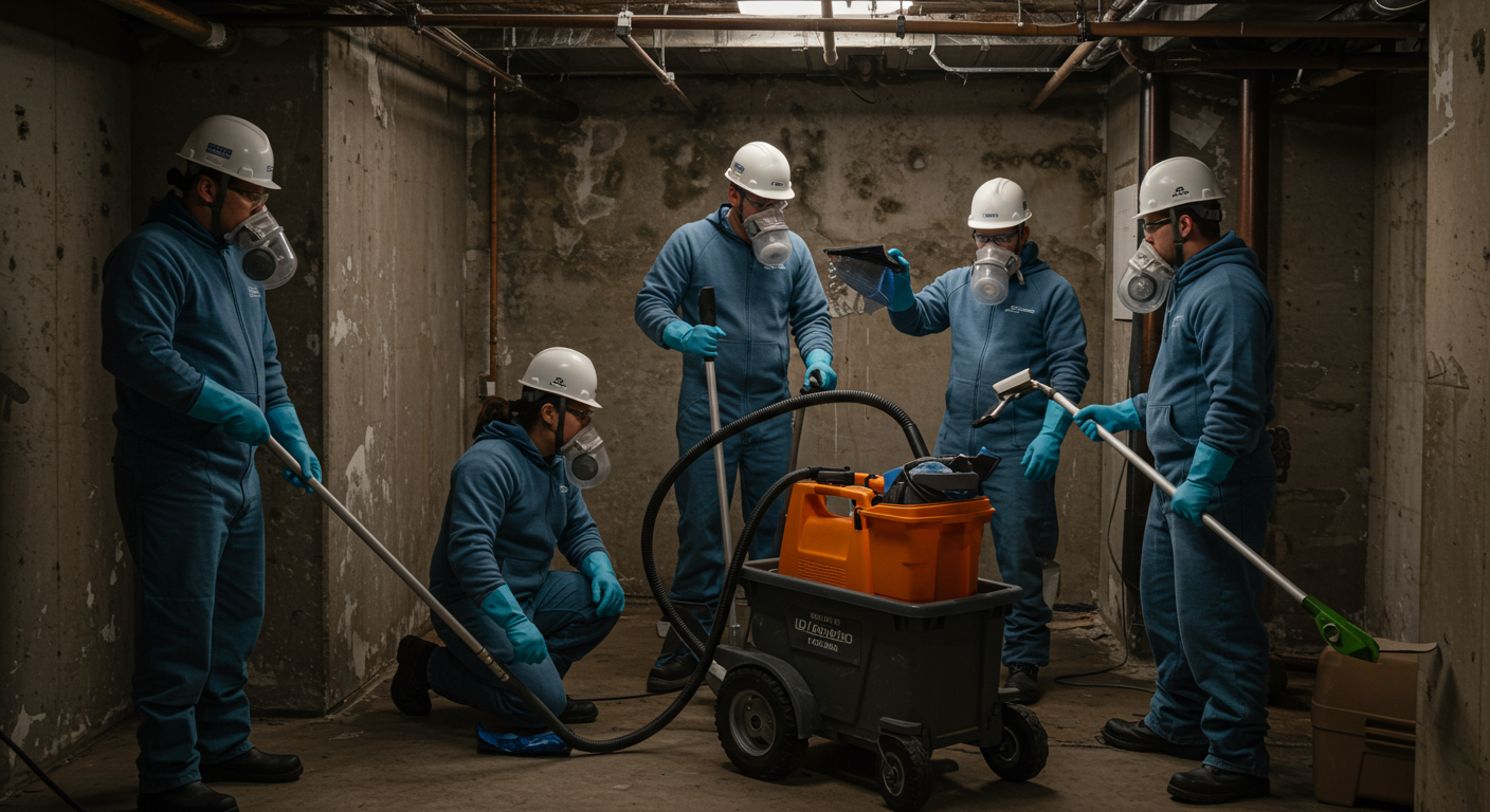 A team of mold remediation professionals working together to remove mold from a basement. They are using specialized equipment and protective gear, showcasing teamwork and expertise in the process.
