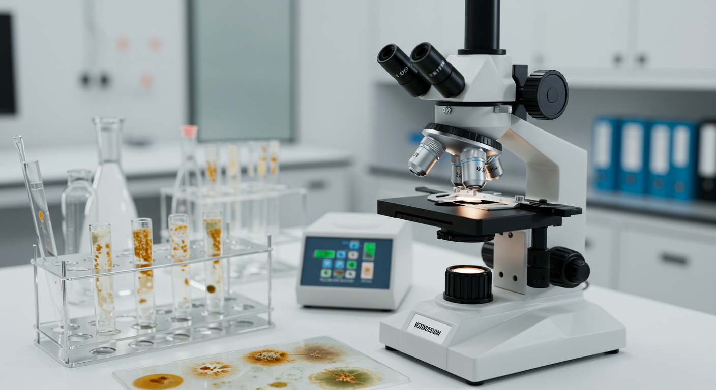 Close-up of mold testing equipment and samples being analyzed in a lab setting, highlighting the scientific approach to mold inspection.